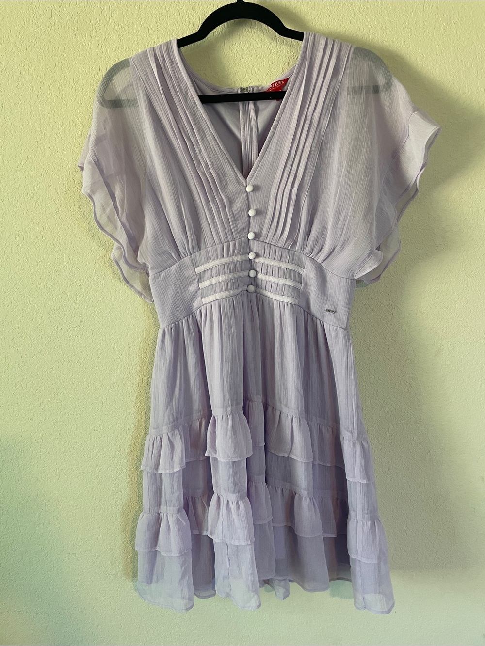 Guess Lavender Ruffled V-Neck Tiered Dress with Sheer Sleeves